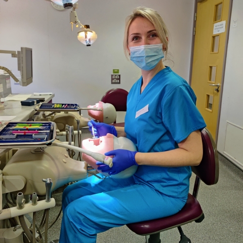 A woman wearing blue scrubs, working as a dentist.