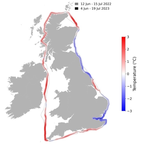 A map of Great Britain showing temperature differences between 2022 and 2023 GB Row Challenges