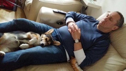 Scrumpy relaxing with her late owner George