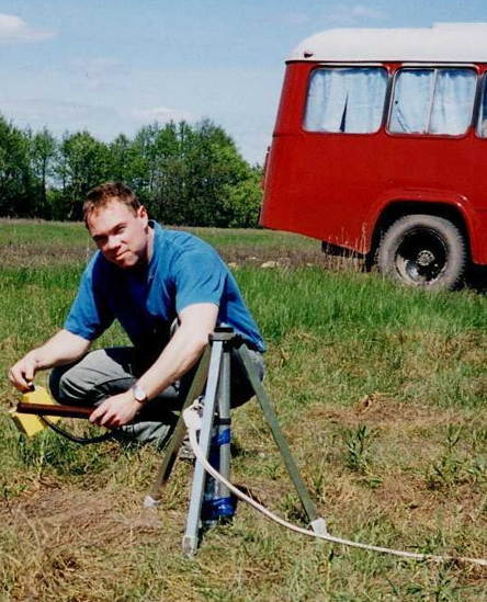 Professor Jim Smith in the Chernobyl zone in Belarus in 1994 holding a Dosimeter to check radiation levels