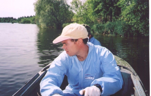 Jim in the Chernobyl cooling pond, a massive artificial reservoir, created by damning a section of the Pripyat River to provide cooling water for the power plant's four reactor units