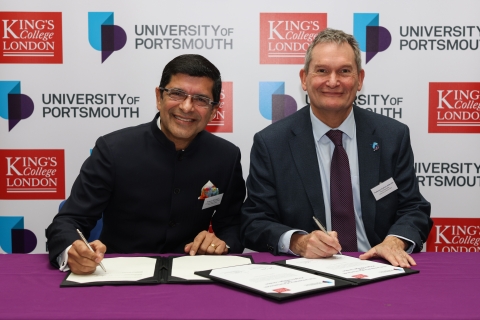 President of King’s College London, Professor Shitij Kapur (left) with Professor Graham Galbraith, Vice-Chancellor of the University of Portsmouth with Vice-Chancellor