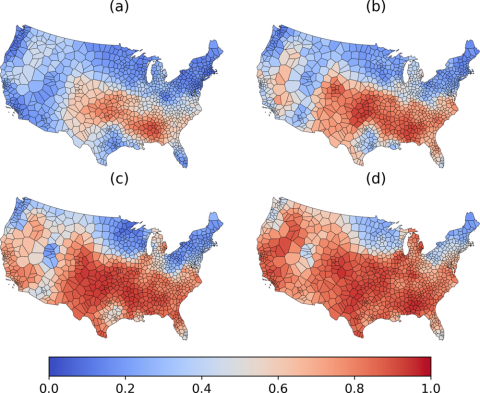 Four maps with red and blue colours showing the use of the term 'roly-poly' in America