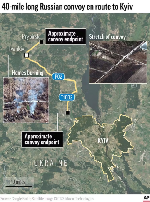 Map showing the approximate start and end points of a 40-mile long Russian military convoy en route to Kyiv, Ukraine, March 1 2022. Satellite imagery of the convoy on this map was provided by Maxar Technologies. Associated Press/Alamy Stock Photo