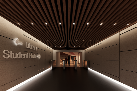 Architect's rendering of the Student Hub connecting to the Library 