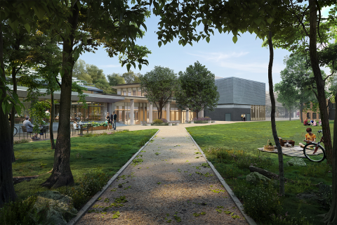 Architect's rendering of the Student Hub from Gun House Green 