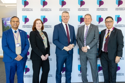 Deputy Vice Chancellor Research and Innovation, Professor Vikas Kumar, Deputy Vice-Chancellor Education Professor Anne Murphy Defence Minister Luke Pollard MP, Vice Chancellor Professor Graham Galbraith, and Deputy Vice-Chancellor Global Engagement and Student Life Chris Chang