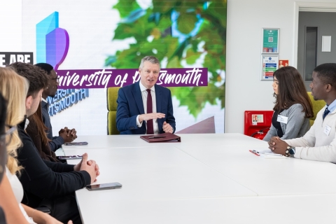 Defence Minister Luke Pollard MP answering questions from University of Portsmouth students in the Future Technology Centre