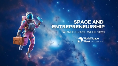 World Space Week 2023 poster showing an astronaut holding a briefcase