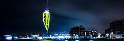 Gunwharf Quays, Portsmouth, lit up at night