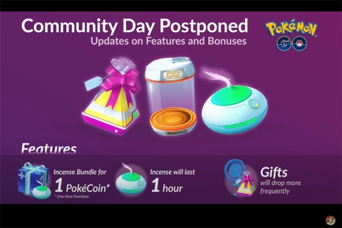 YouTube video screenshot titled 'Community Day Postponed' with Pokemon Go logo