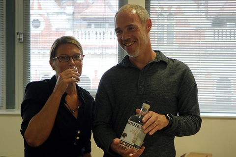 Professor Sherria Hoskins and Professor Jim Smith trying ATOMIK vodka
