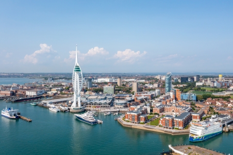Aerial view of Portsmouth, with the Spinnaker tower in the forefront