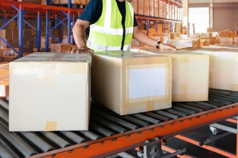 Worker moving boxes in a storage warehouse