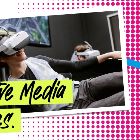 video of Creative Media Technologies thumbnail featuring course title and an image of a student with VR glasses