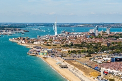A drone image of Portsmouth, which shows the seafront and the Spinnaker Tower