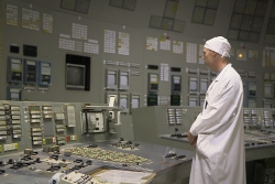 Professor Jim Smith in the Chernobyl control room of Reactor 3