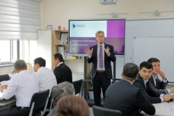 Professor Stephen Corbett at launch event in Tashkent, Uzbekistan in School Number 5