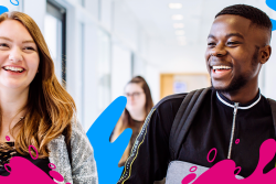 Two students smiling in a university building with colourful splashes around them