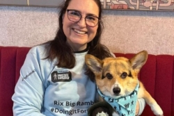 Jacqui and Scrumpy, with a miniature crochet  of George who passed away from prostate cancer