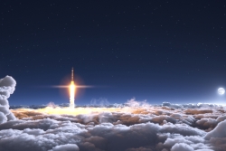 A rocket flies through the clouds