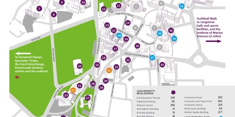 Campus Map 2025 in JPG format. A4 Campus Master Map - SR01709804; Updated 04/02/2025; Please contact designandprint@port.ac.uk to request design changes.