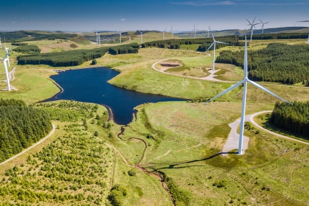 Aerial of solar panels in field