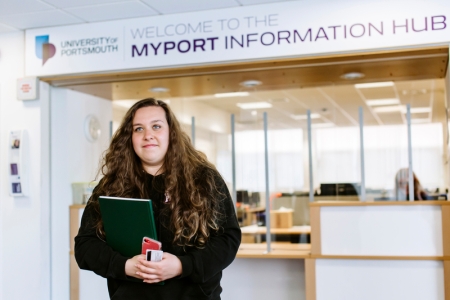 Holly Esson, a mechanical engineering student at the University of Portsmouth using a 'MyPort' student information hub