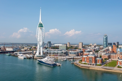 Aerial view of Portsmouth, with the Spinnaker tower in the forefront