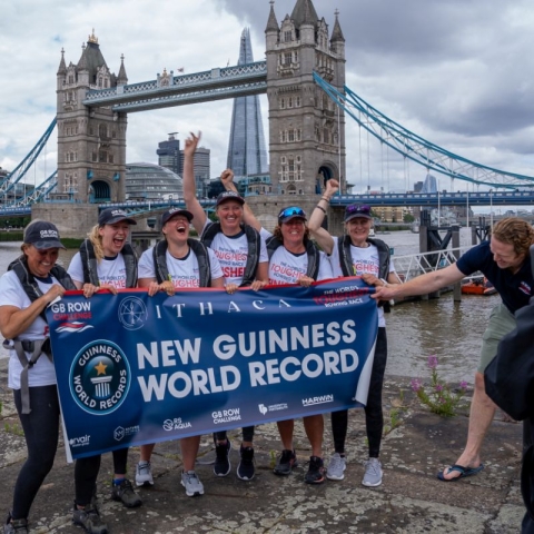 Six female ocean rowers celebrating setting a world record