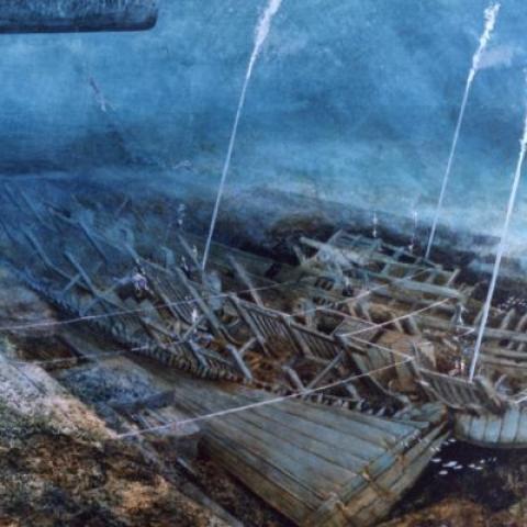An artist’s impression of diving operations on the wreck of the Mary Rose