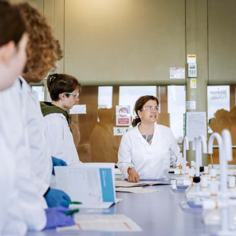 Photo of female staff member in lab coat presenting experiment
Salter Festival of Chemistry