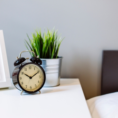 A bedside table with a clock, photo frame and plant