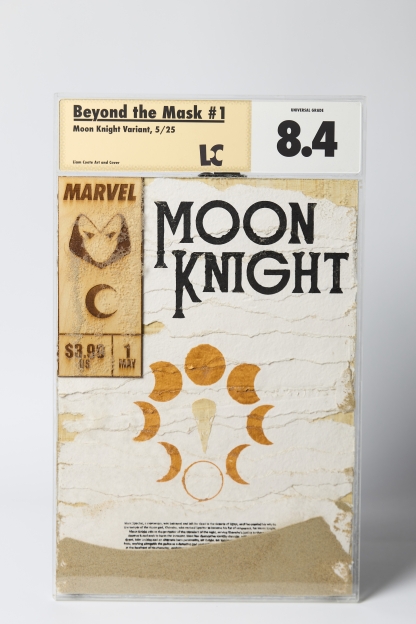 wooden comic book cover of Moon Knight created by Liam Coote