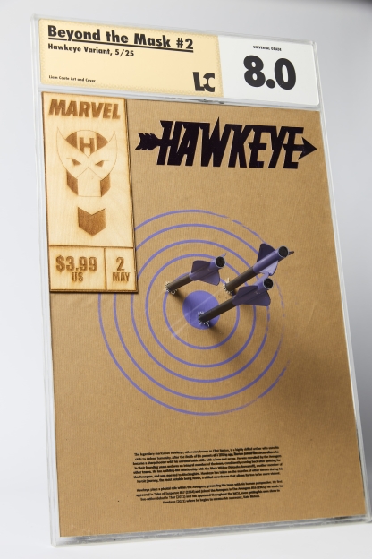 wooden comic book cover of hawkeye with arrows sticking out by Liam Coote