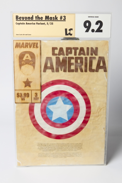 wooden comic book cover of Captain America made by Liam Coote