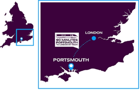 Small map of the UK with a zoomed in image of the south east highlighting Portsmouth and how long it takes to get to London (90 minutes)